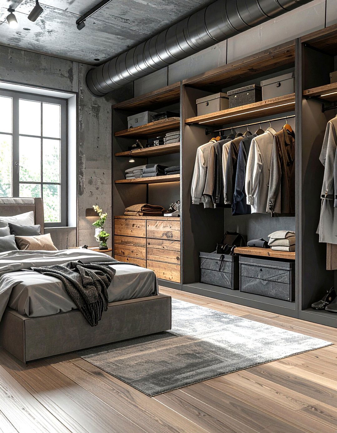 Open closet bedroom - 30 industrial grey bedroom ideas