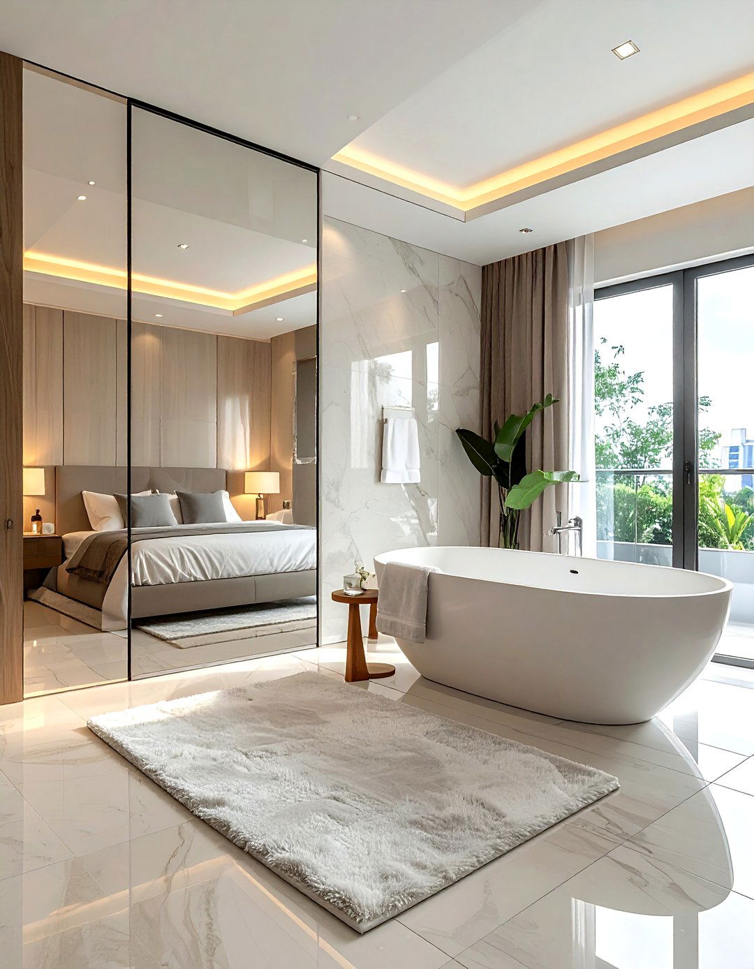 Open concept bathroom with bedroom integration - 30 bathroom furniture arrangement