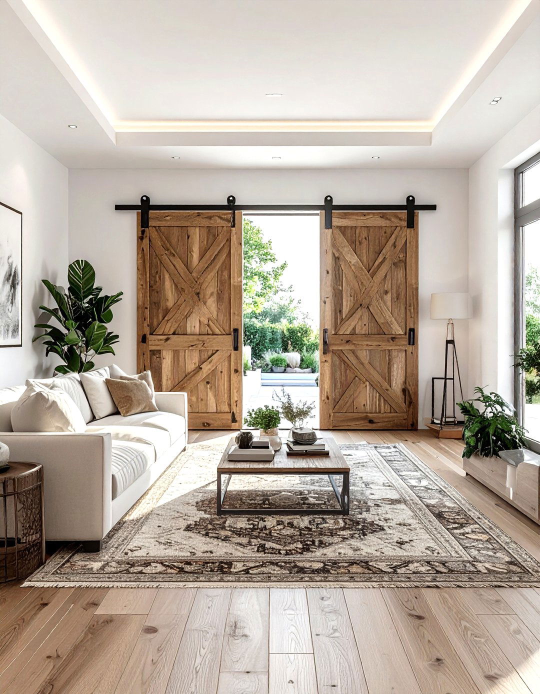 Open concept living room double barn door - 30 living room sliding doors