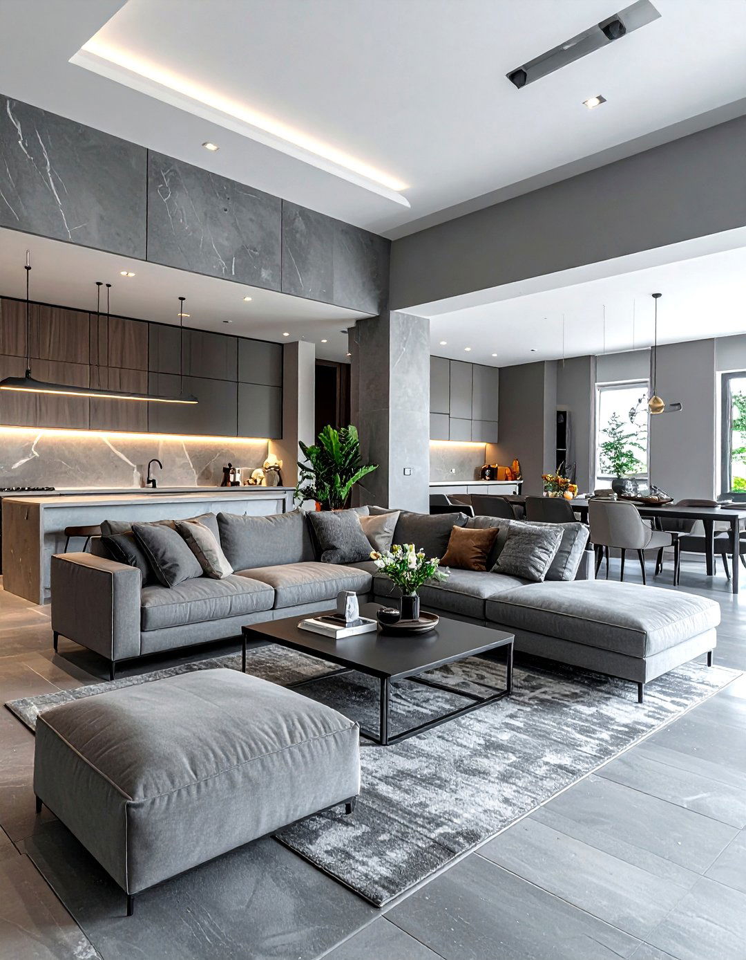 Open plan grey living room - 30 minimalist grey living room ideas