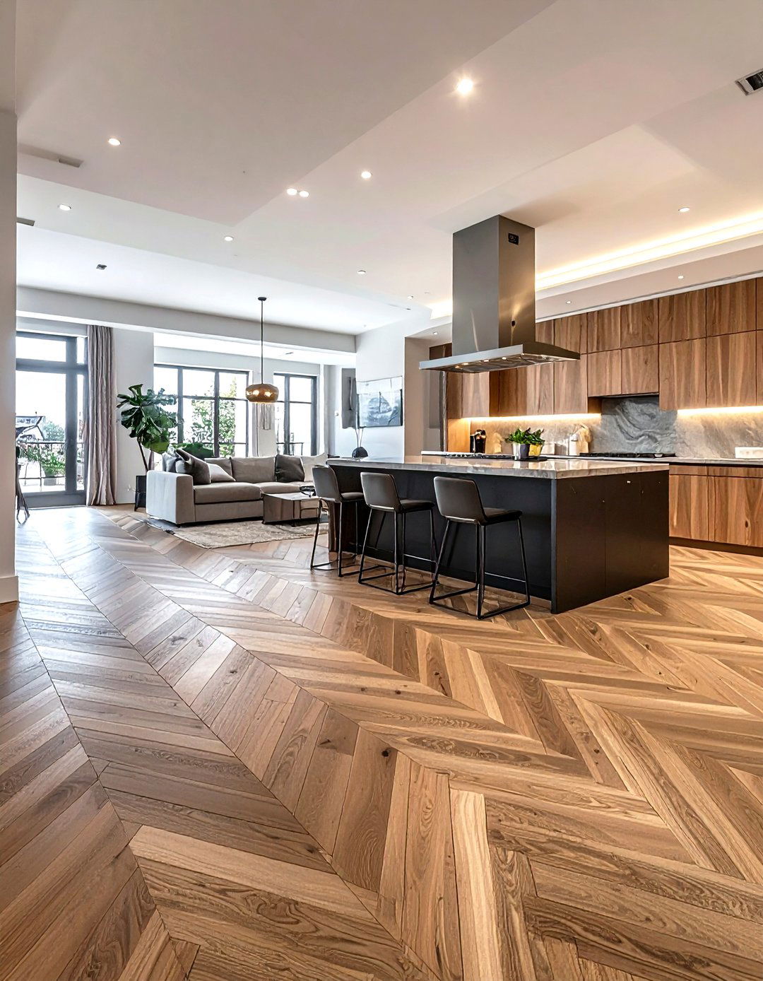 Open plan kitchen wood herringbone - 30 herringbone floor kitchen ideas