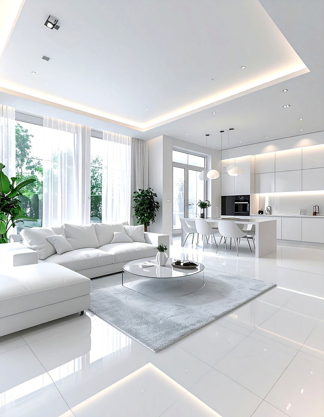 Open plan white living room - 30 white living room ideas