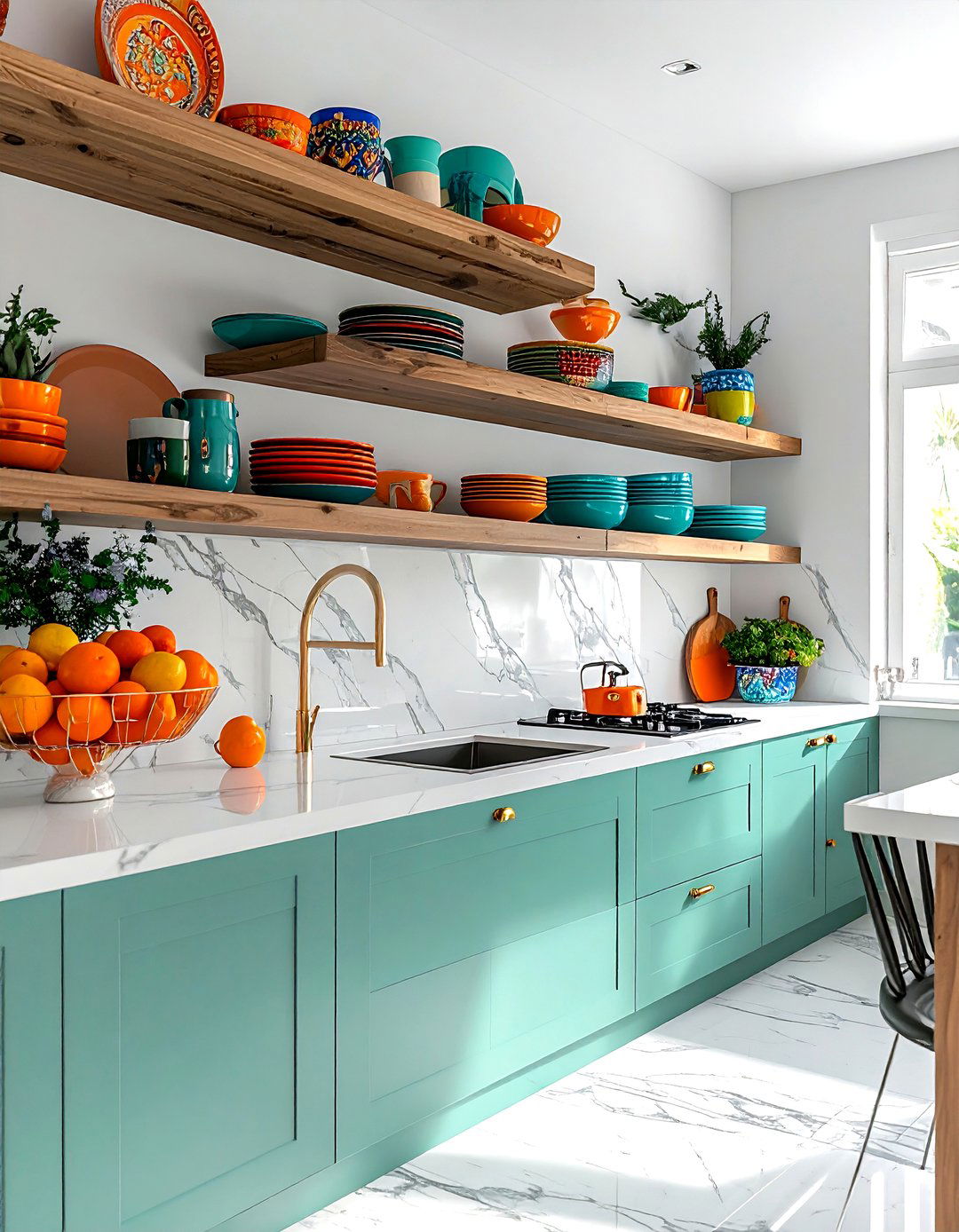 Open shelving kitchen with colorful ceramics - 30 maximalist decor ideas