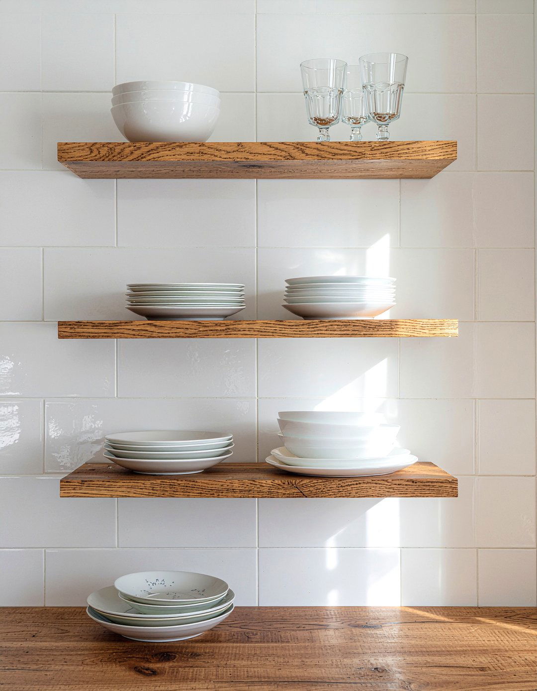 Open shelving on tile walls - 30 modern farmhouse kitchen ideas