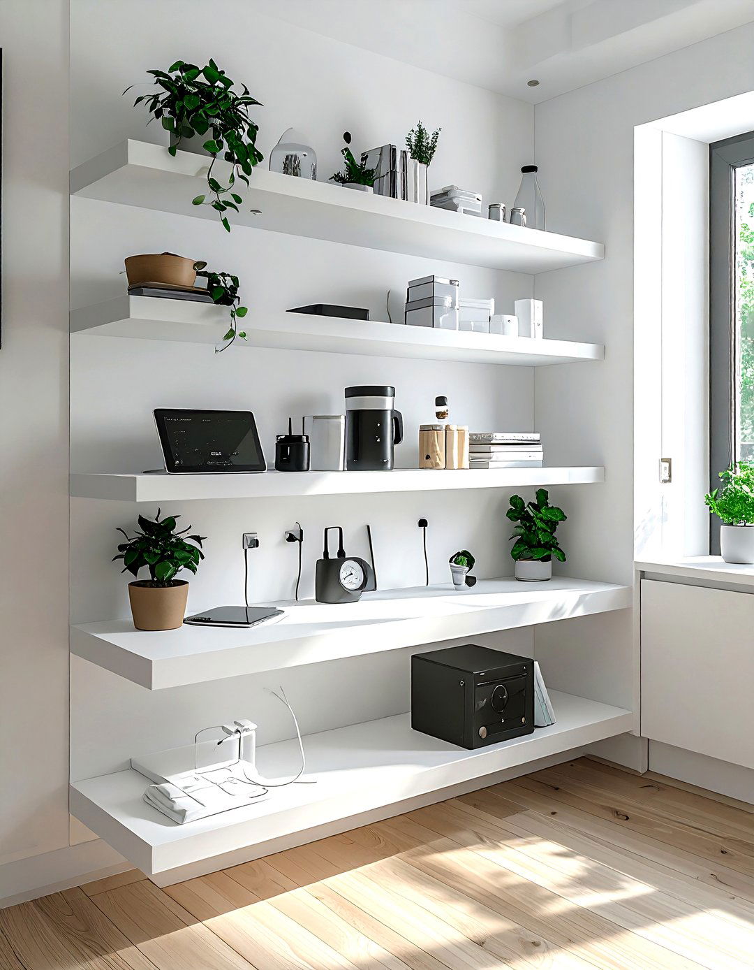 Open shelving tech nook - 30 kitchen charging station ideas