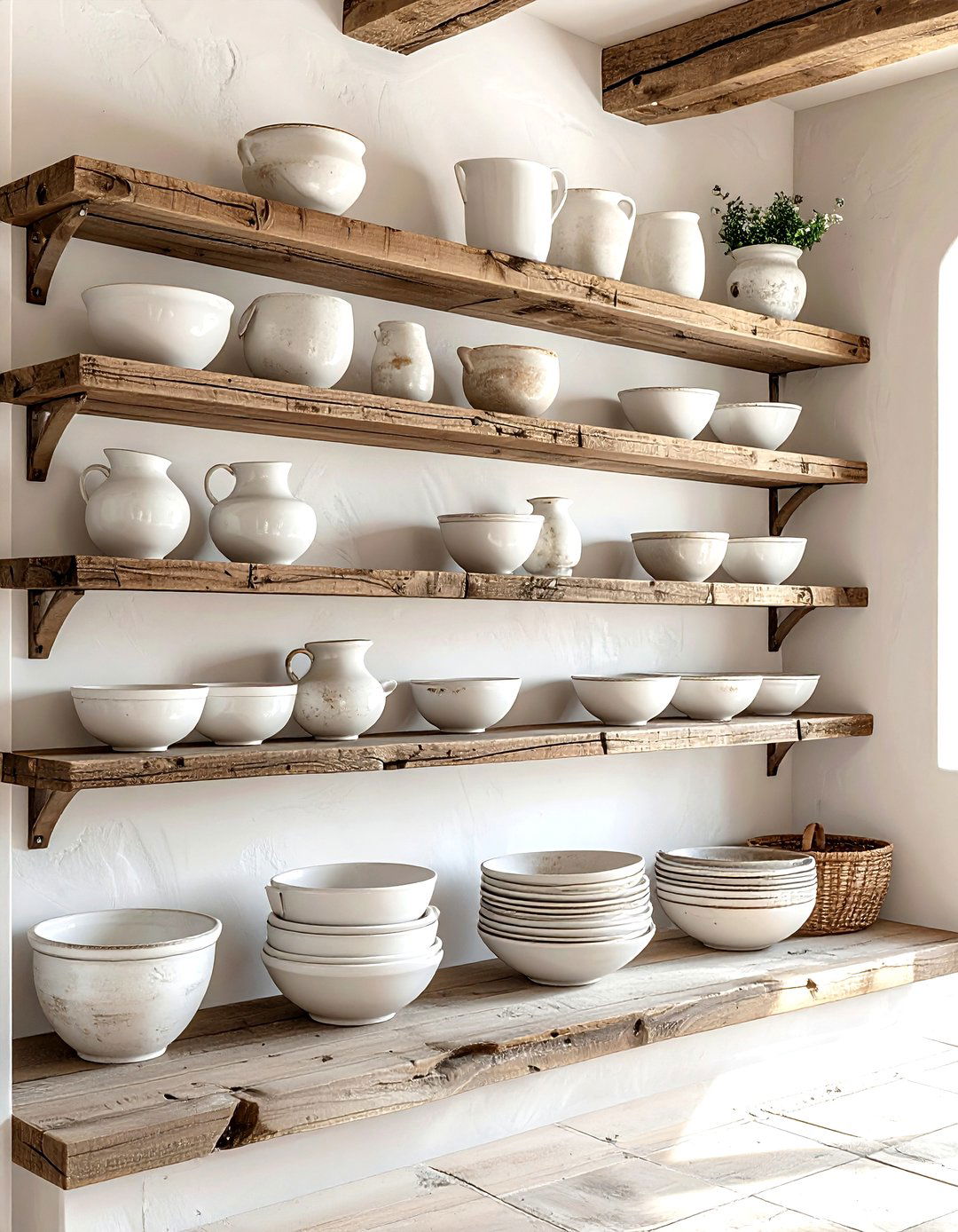 Open shelving with antique pottery - 30 French farmhouse kitchen ideas