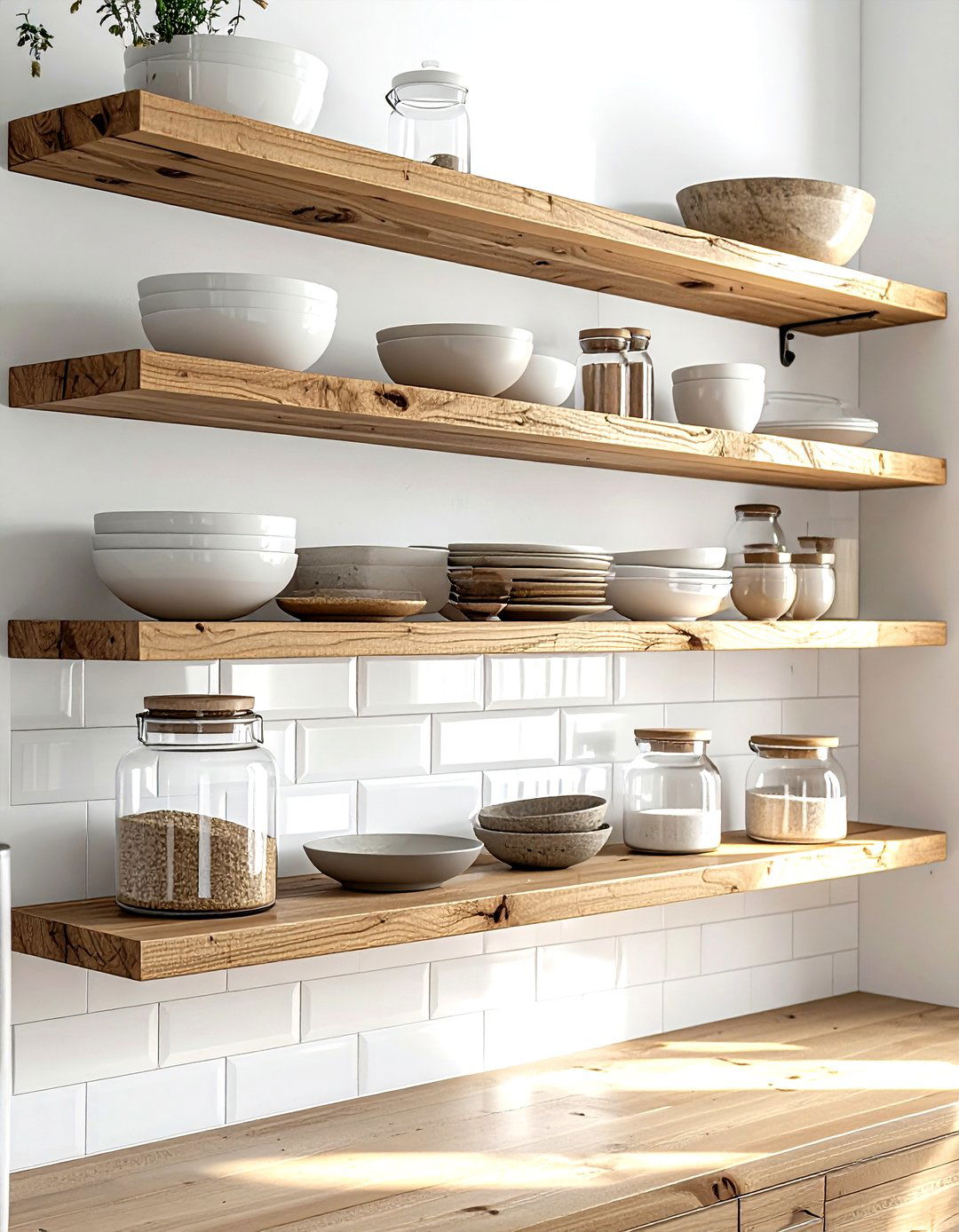 Open shelving wood - 30 rustic farmhouse kitchen ideas