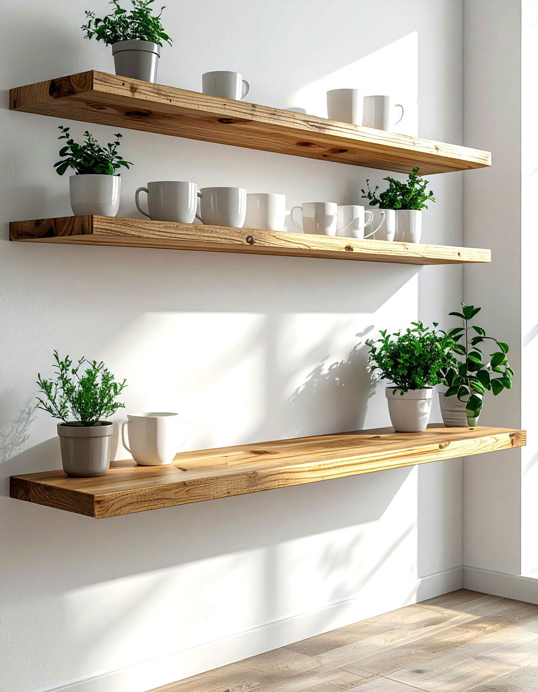 Open wood shelving - 30 white kitchen decor ideas