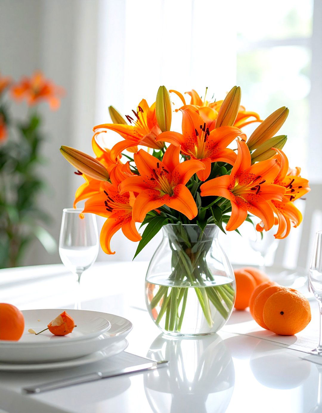 Orange Floral Centerpiece White Dining Table - 30 orange and white dining room ideas