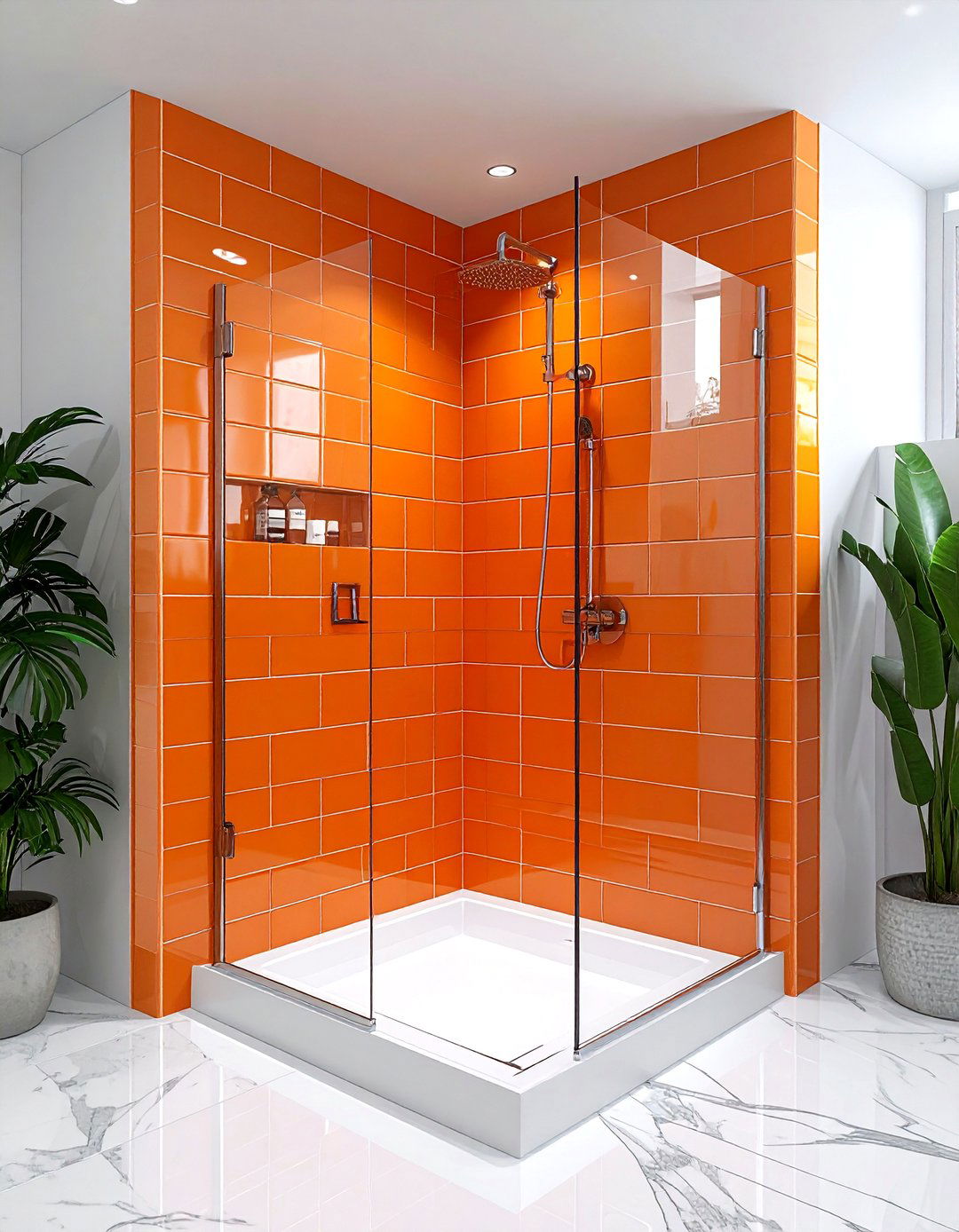 Orange Subway Tile Shower - 30 orange and white bathroom ideas