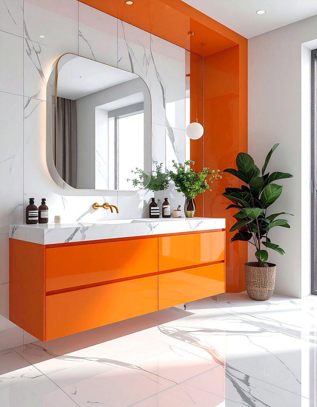 Orange Vanity with White Marble Top - 30 orange and white bathroom ideas
