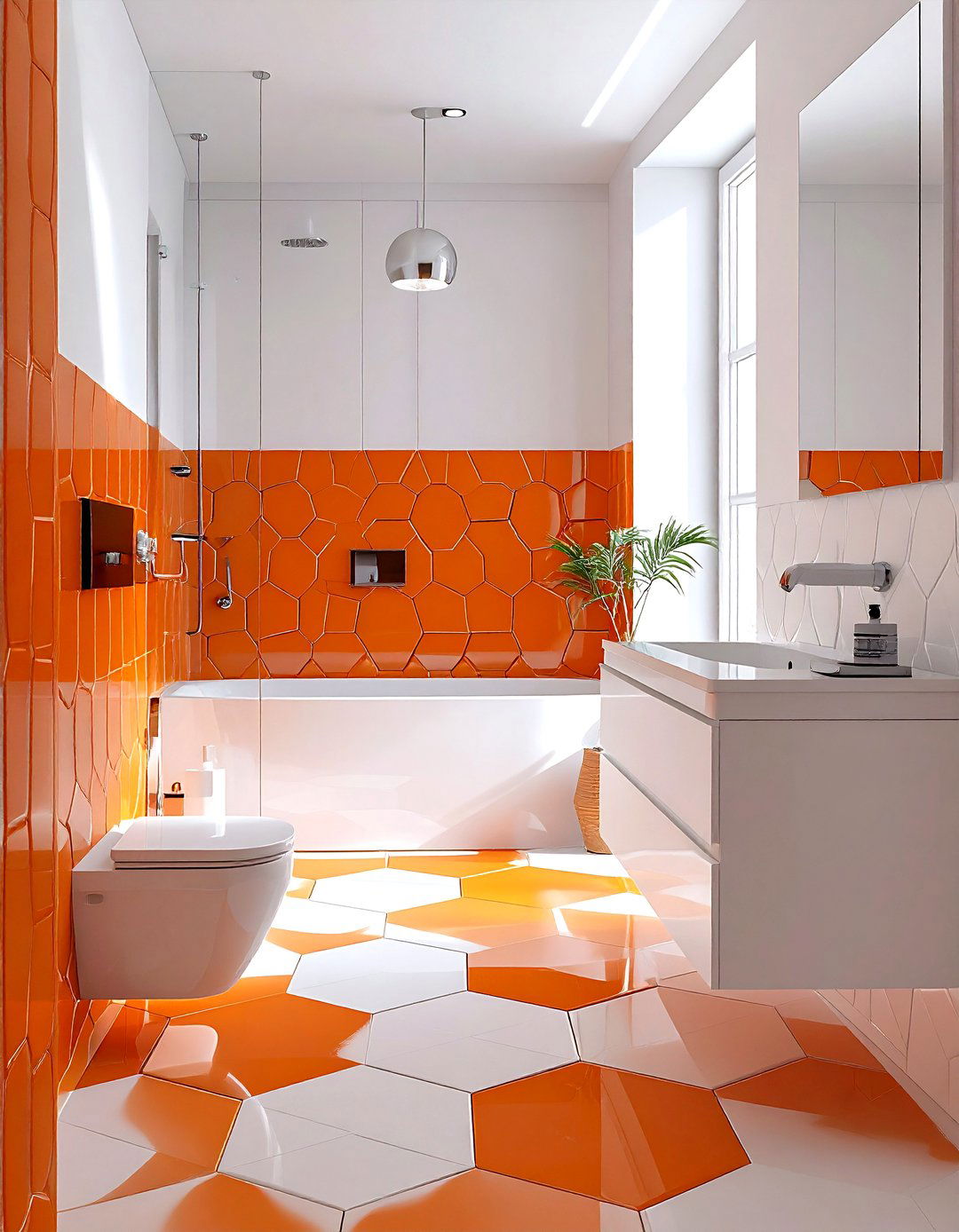 Orange and White Geometric Tile Bathroom - 30 orange and white bathroom ideas