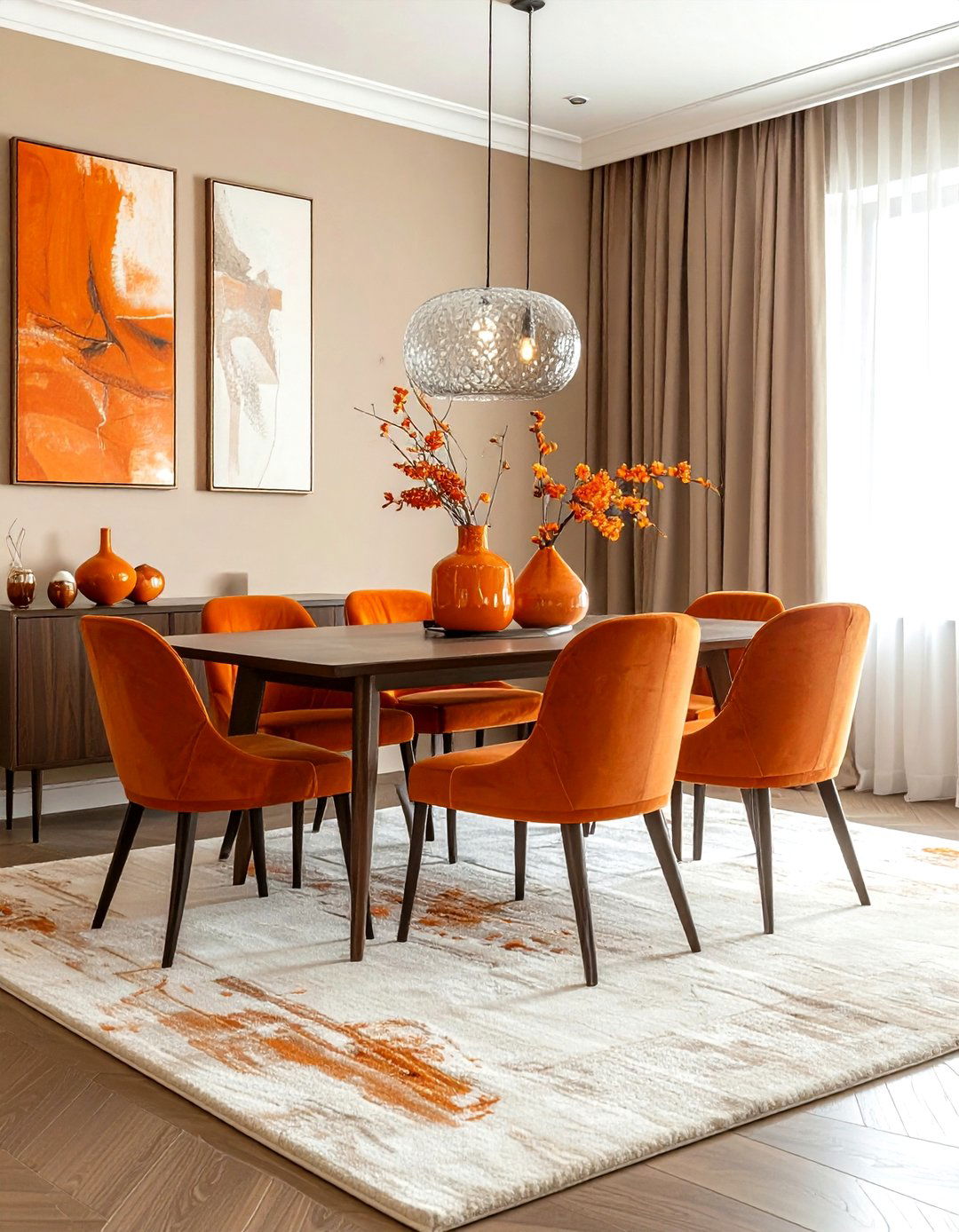 Orange and beige dining - 30 bright orange dining room ideas