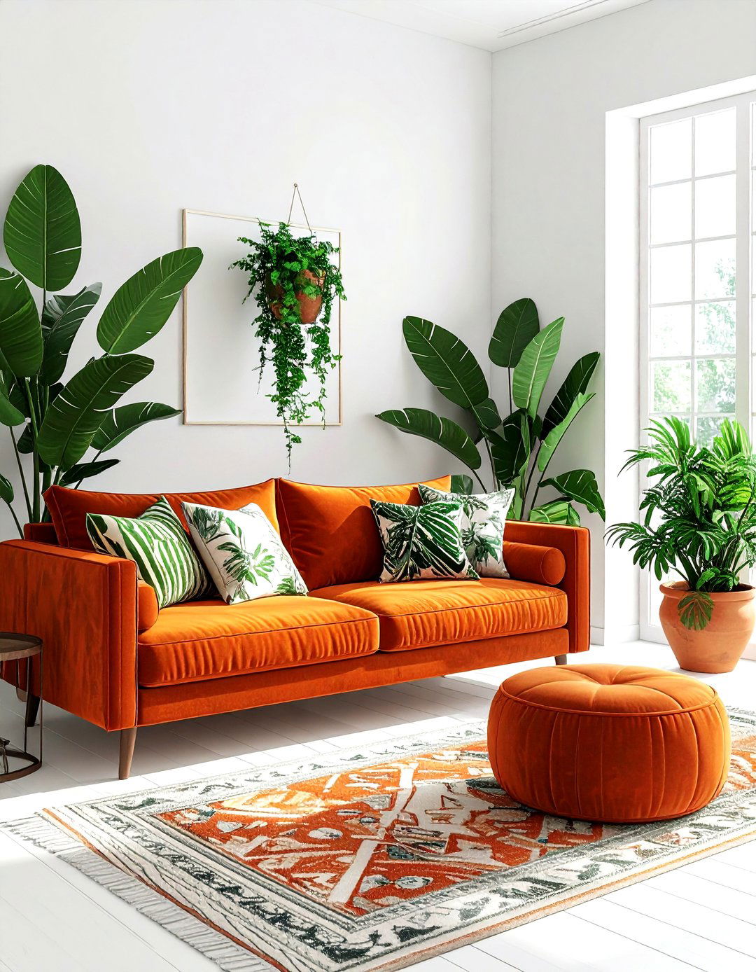 Orange and green botanical living room - 30 orange living room decor ideas