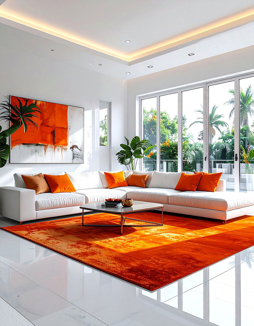 Orange and white airy living room - 30 orange living room decor ideas