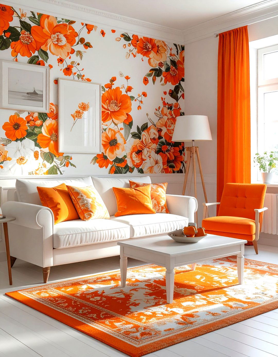 Orange and white floral living room - 30 orange and white living room ideas