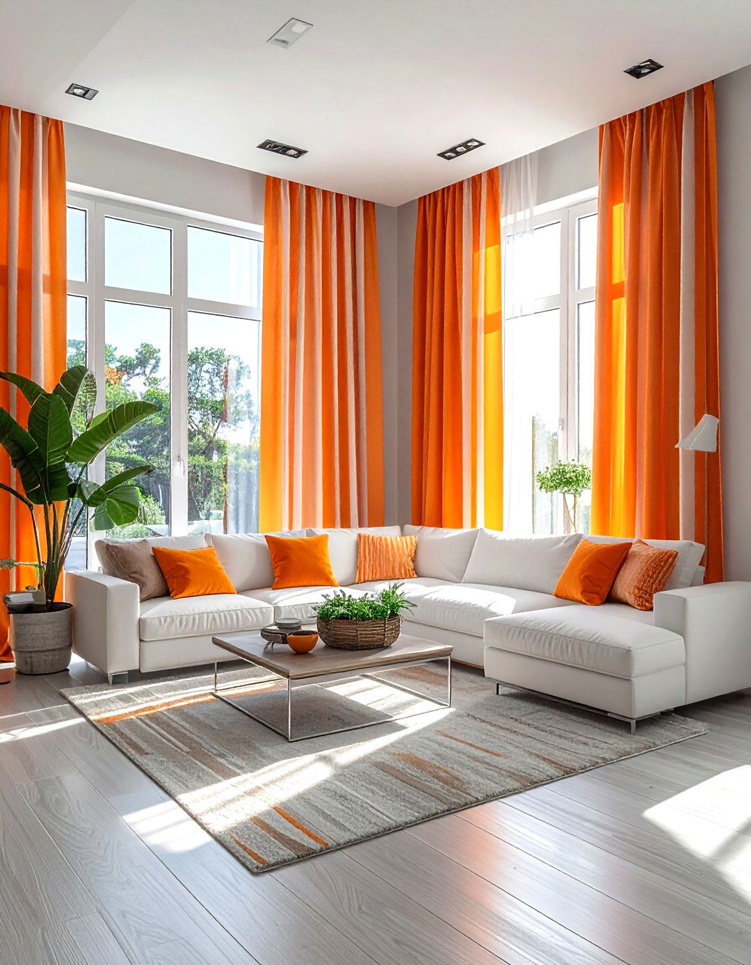 Orange and white striped curtains - 30 orange and white living room ideas