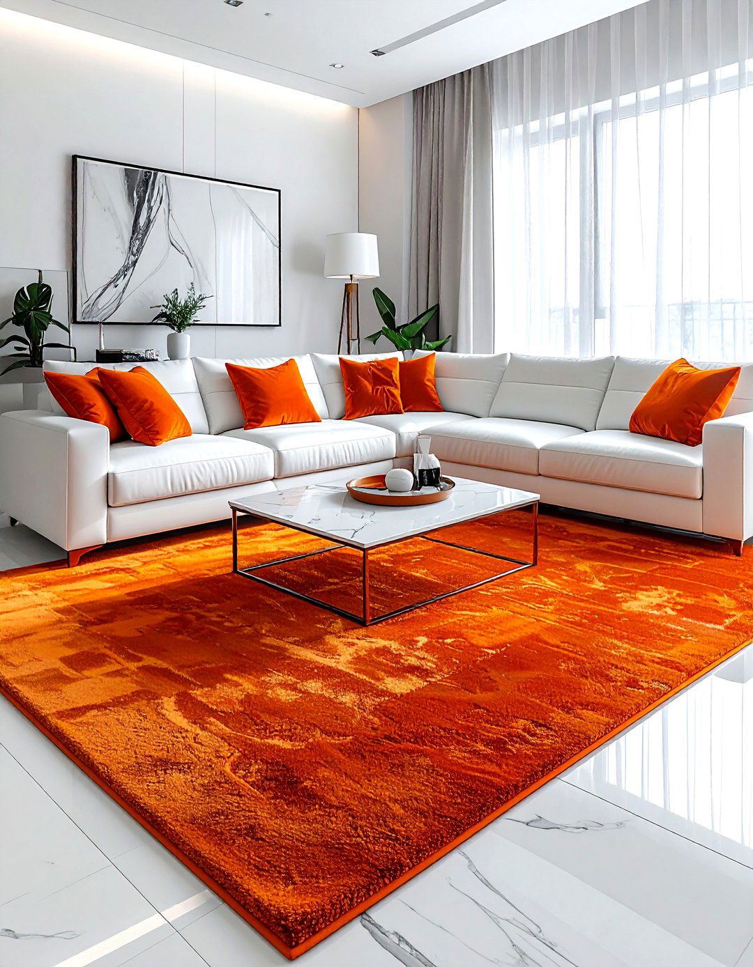 Orange area rug white furniture - 30 orange and white living room ideas