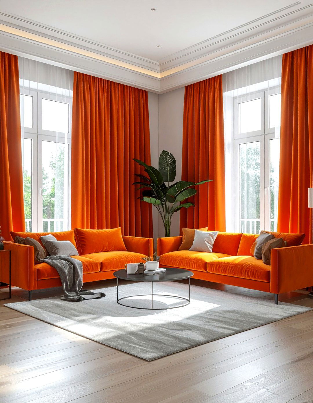 Orange curtains white living room - 30 orange and white living room ideas