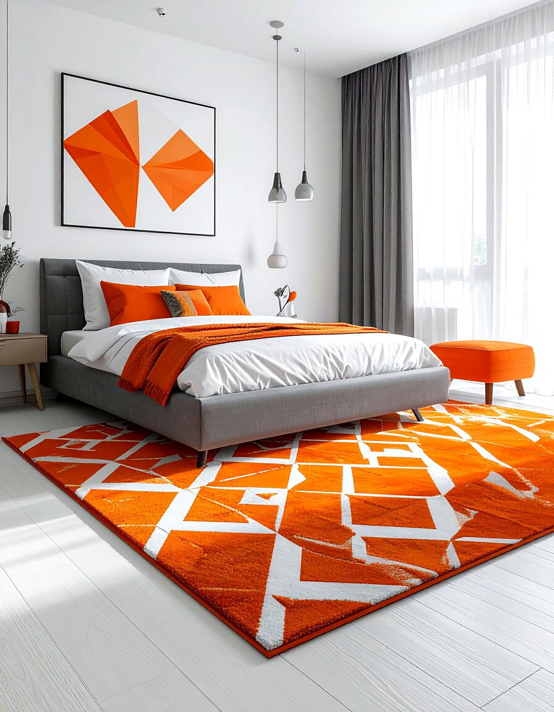 Orange geometric rug - 30 orange bedroom ideas