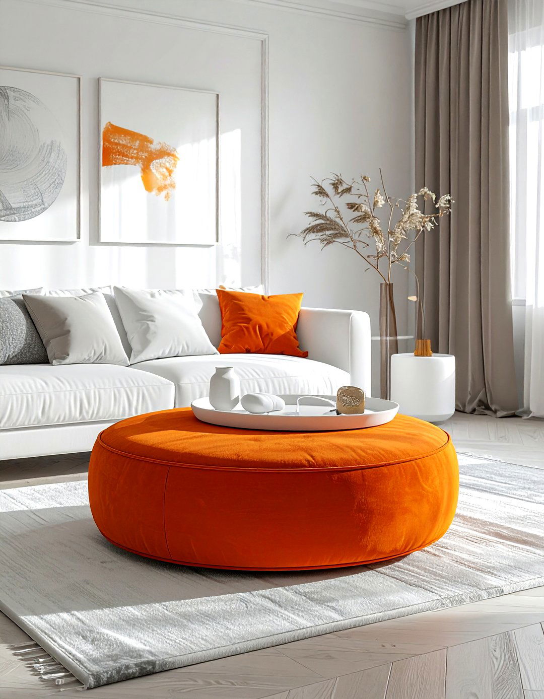 Orange ottoman white living room - 30 orange and white living room ideas