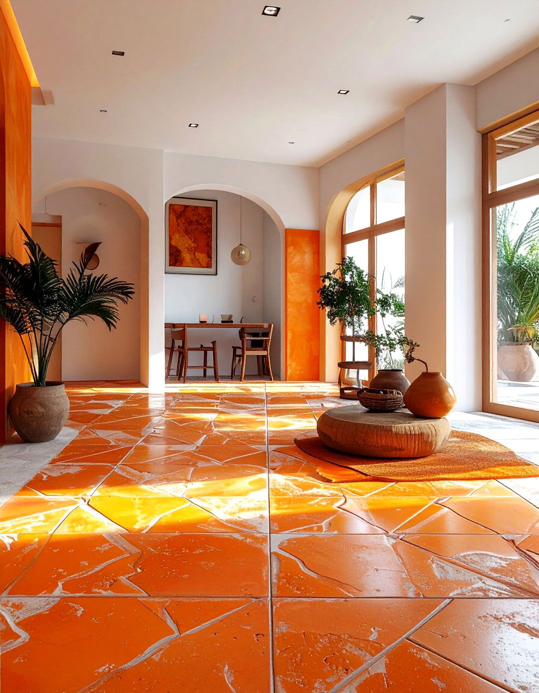Orange pattern floor tiles - 30 orange living room decor ideas