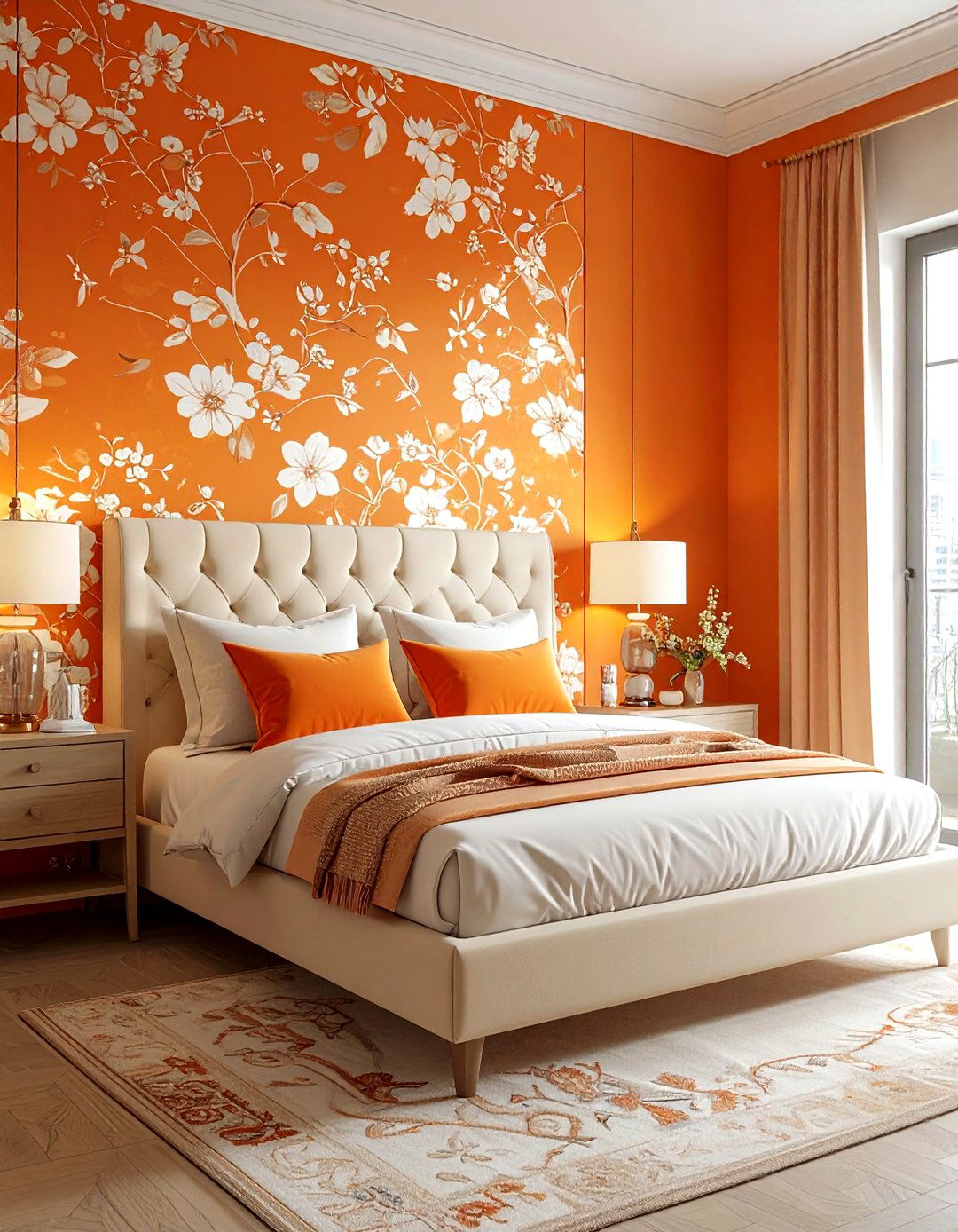 Orange patterned wallpaper - 30 orange bedroom ideas