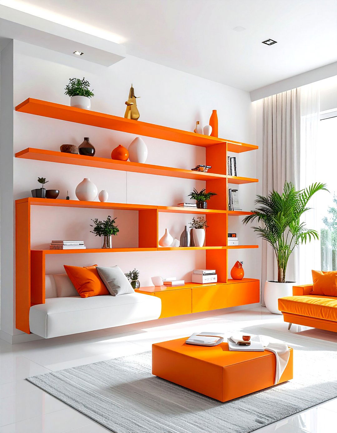 Orange shelving white living room - 30 orange and white living room ideas
