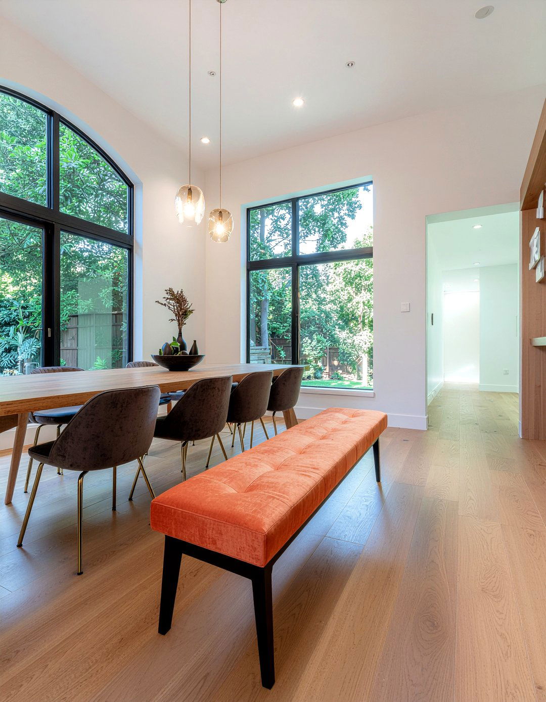 Orange upholstered bench - 30 orange dining room ideas