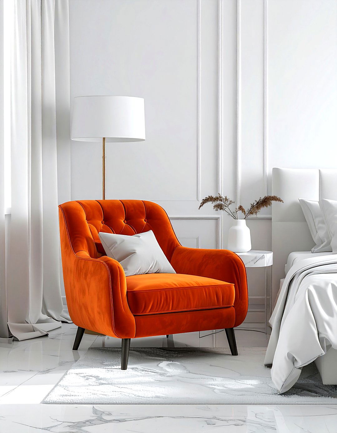 Orange velvet armchair bedroom - 30 orange and white bedroom ideas