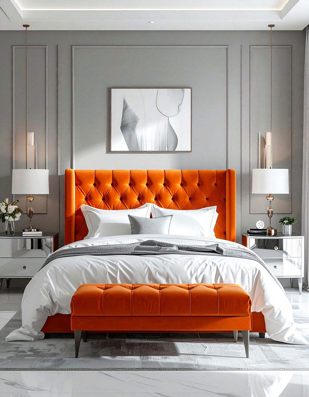 Orange velvet headboard - 30 orange bedroom ideas