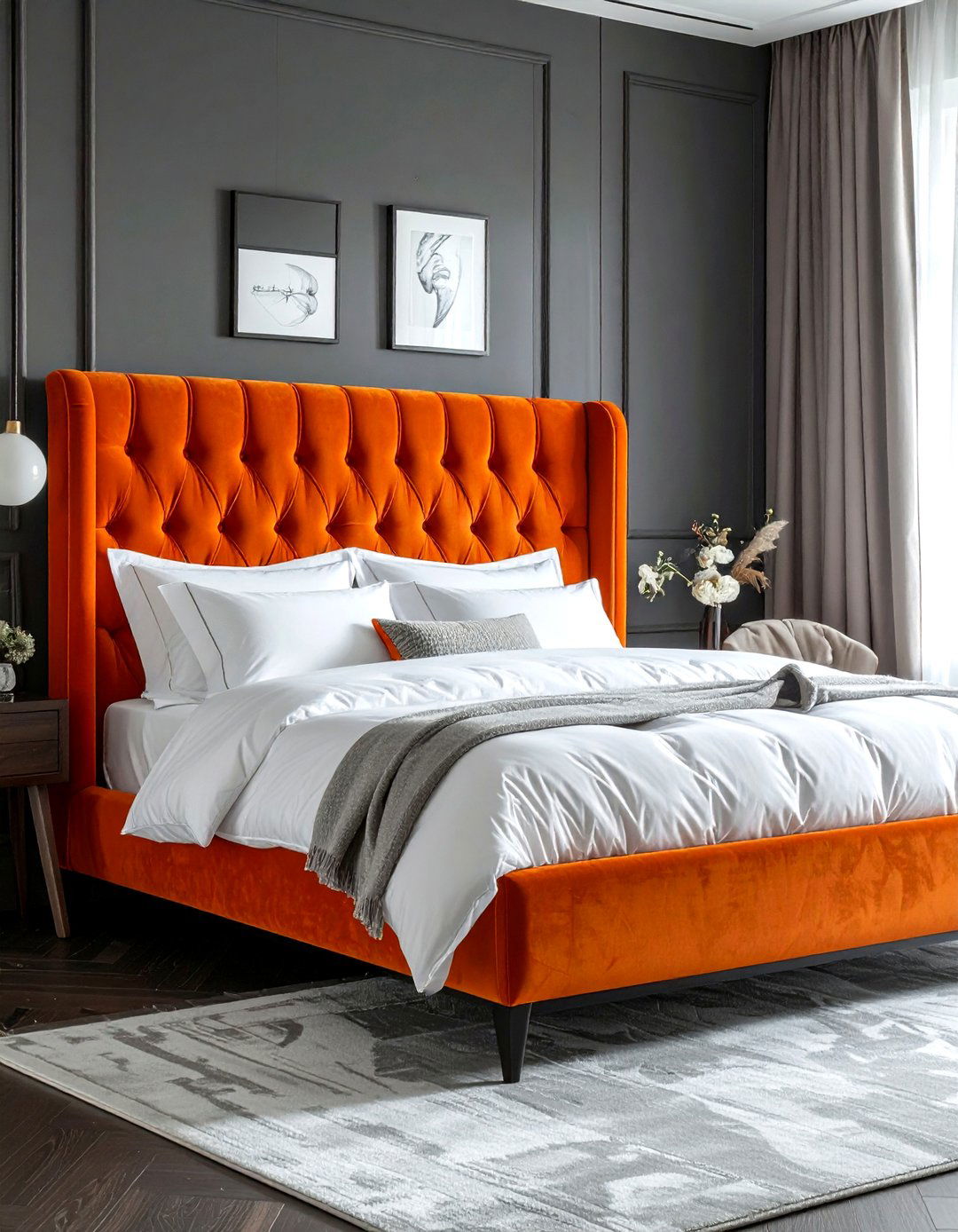 Orange velvet headboard - 30 bright orange bedroom ideas