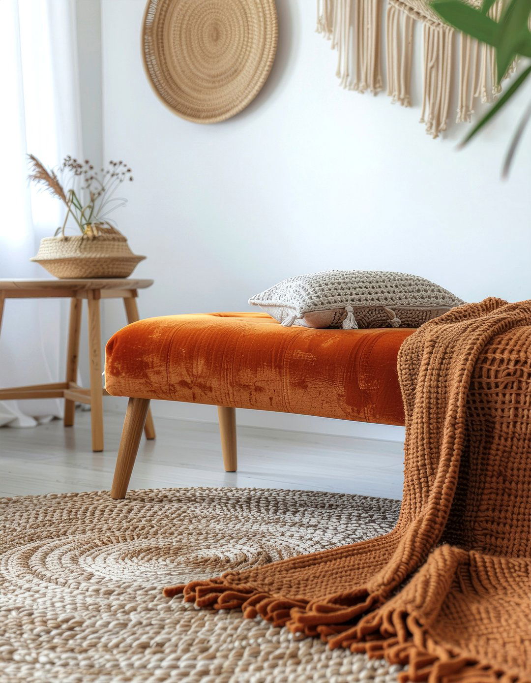 Orange velvet ottoman - 30 living room velvet ottoman ideas
