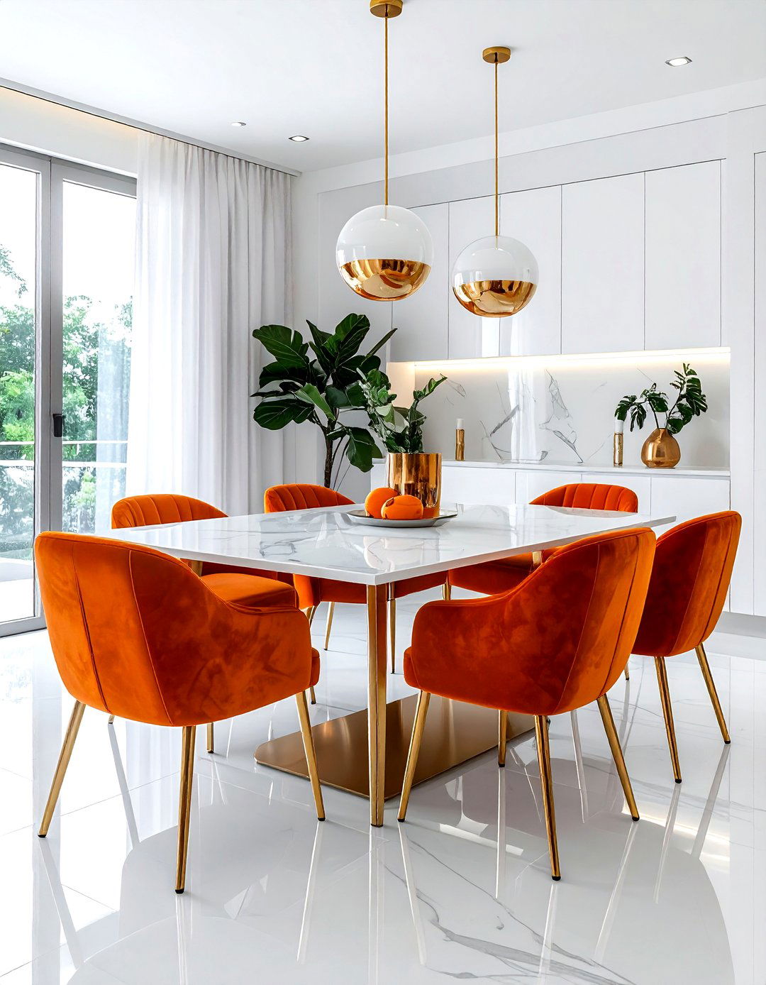 Orange velvet seating - 30 orange dining room decor ideas