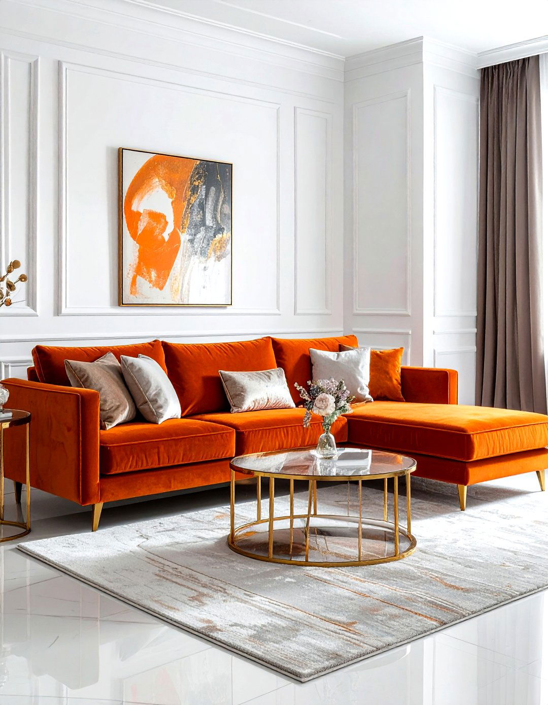 Orange velvet sofa - 30 bright decor ideas