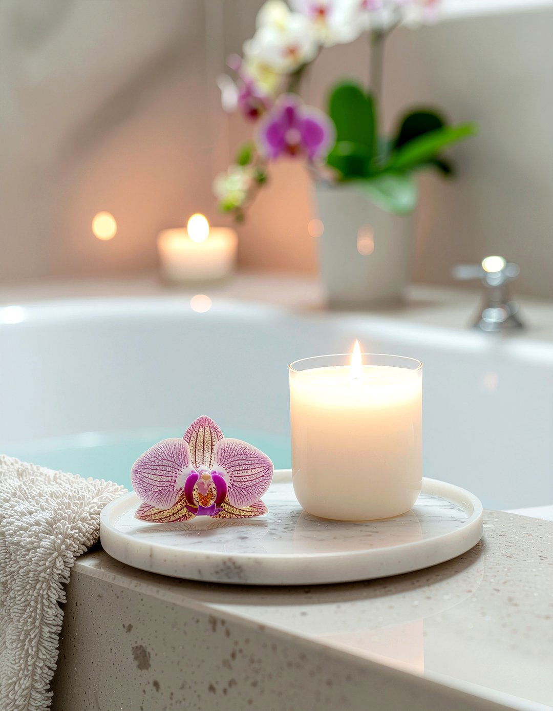 Orchid and candle bathroom tray - 30 bathroom orchid ideas