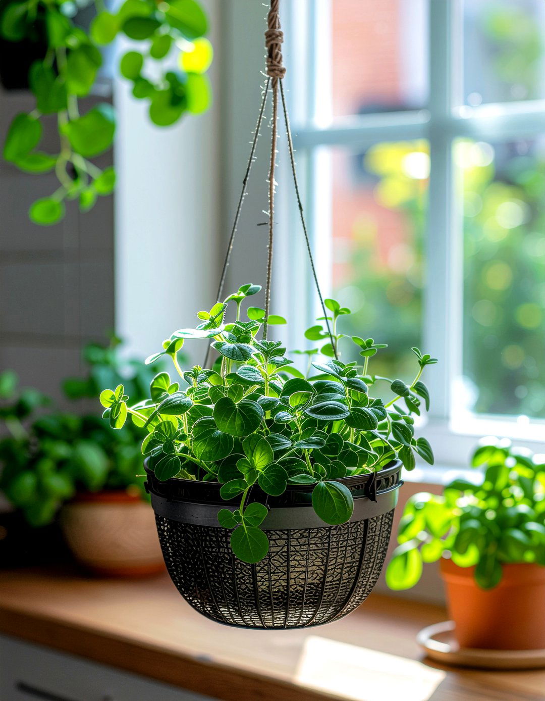 Oregano in kitchen hanging basket - 30 kitchen potted plant ideas