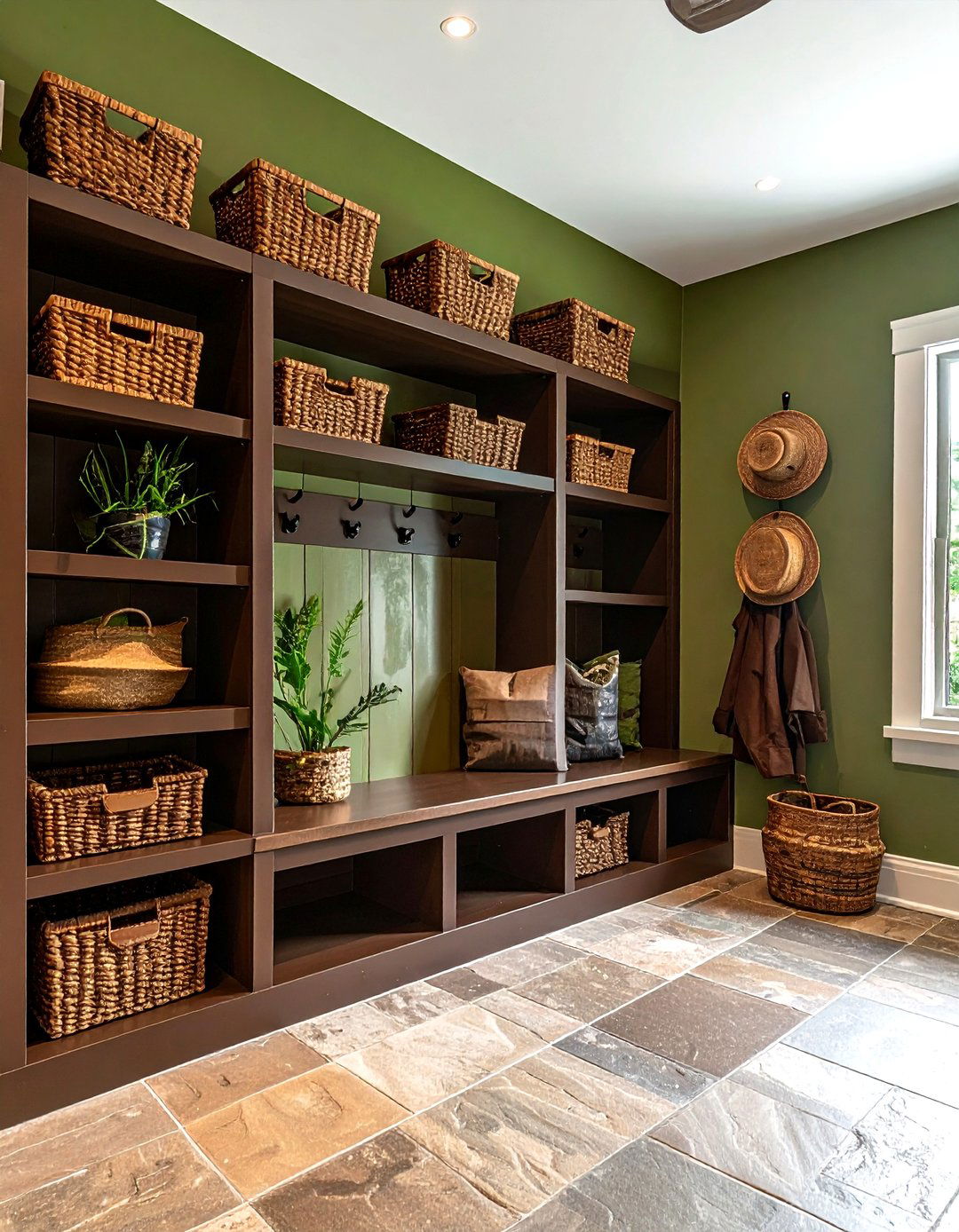 Organic Brown And Moss Green Mudroom - 30 decor color theory ideas
