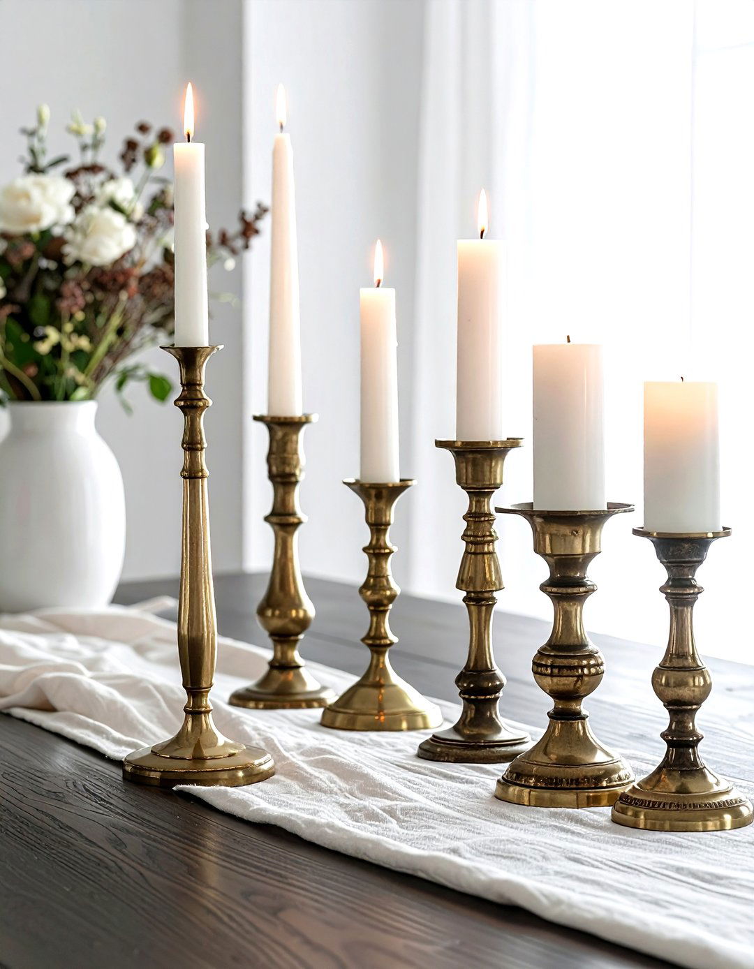 Ornate Brass Candlestick Tablescape - 30 antique decor ideas