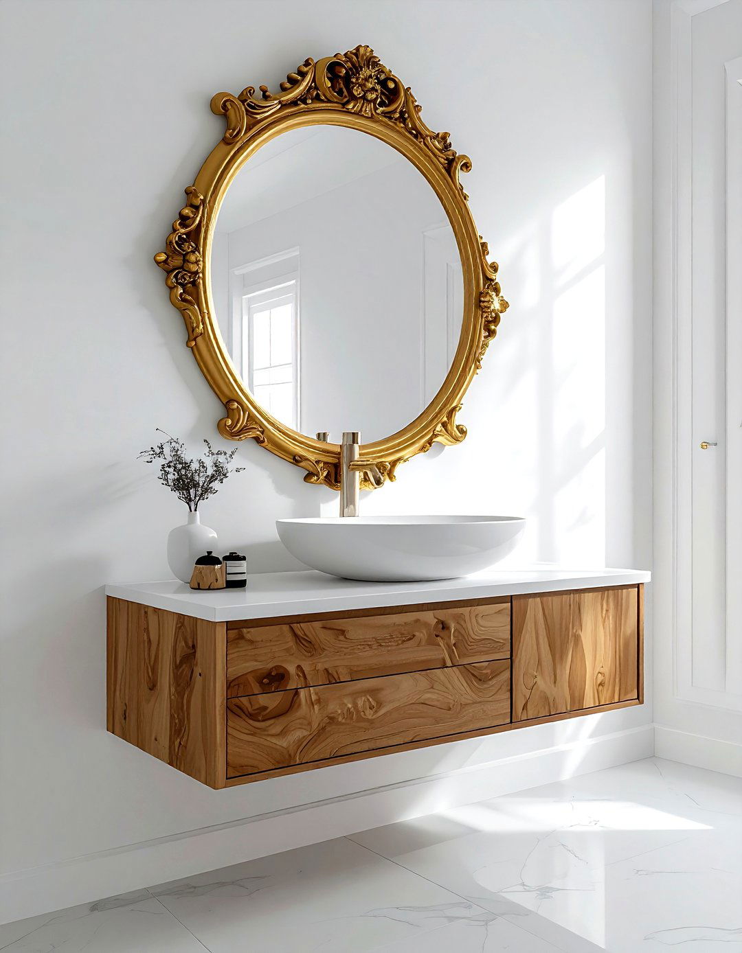 Ornate Gold Mirror Over Vanity - 30 vintage modern bathroom ideas
