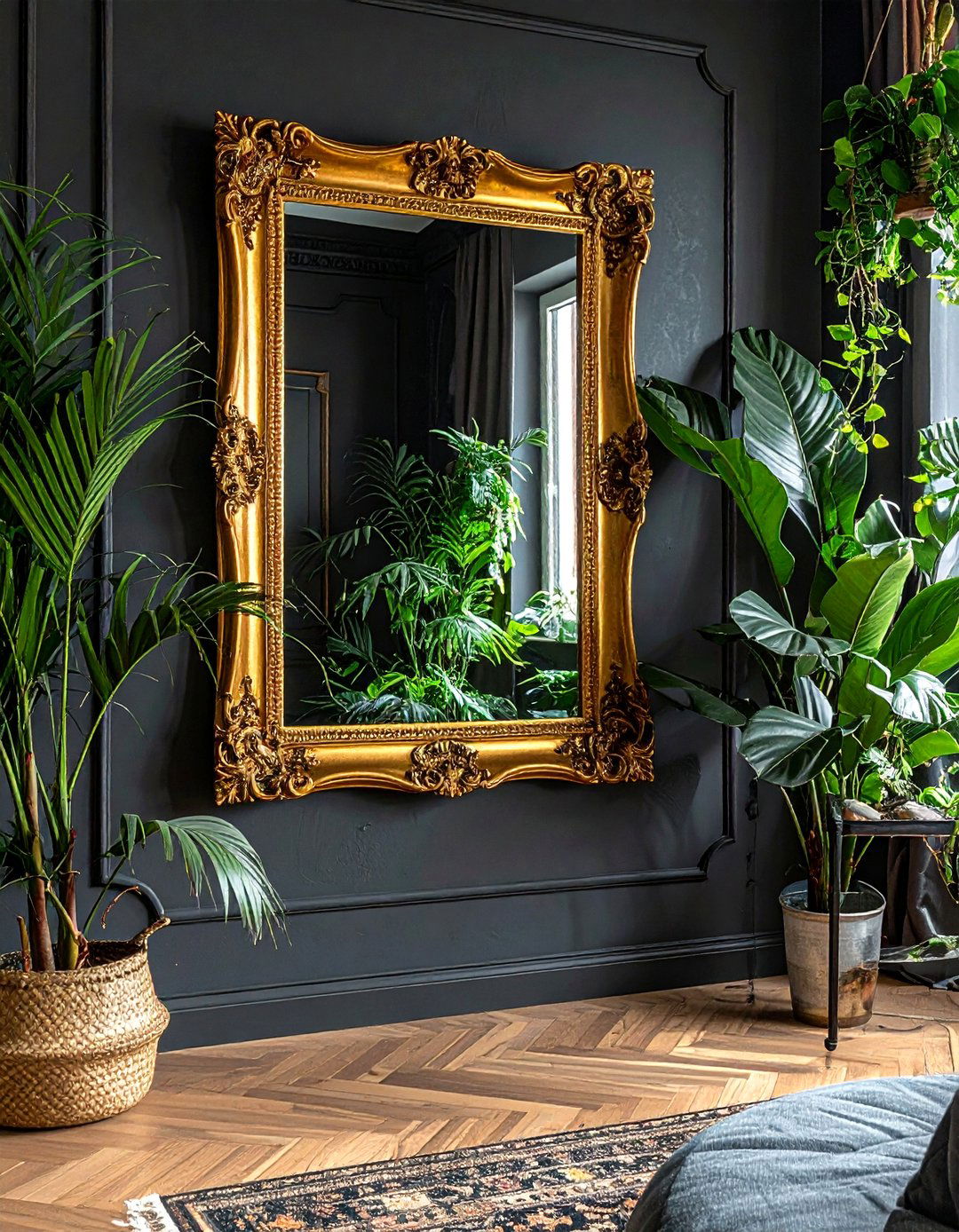 Ornate Gold Mirror - 30 bohemian black living room ideas
