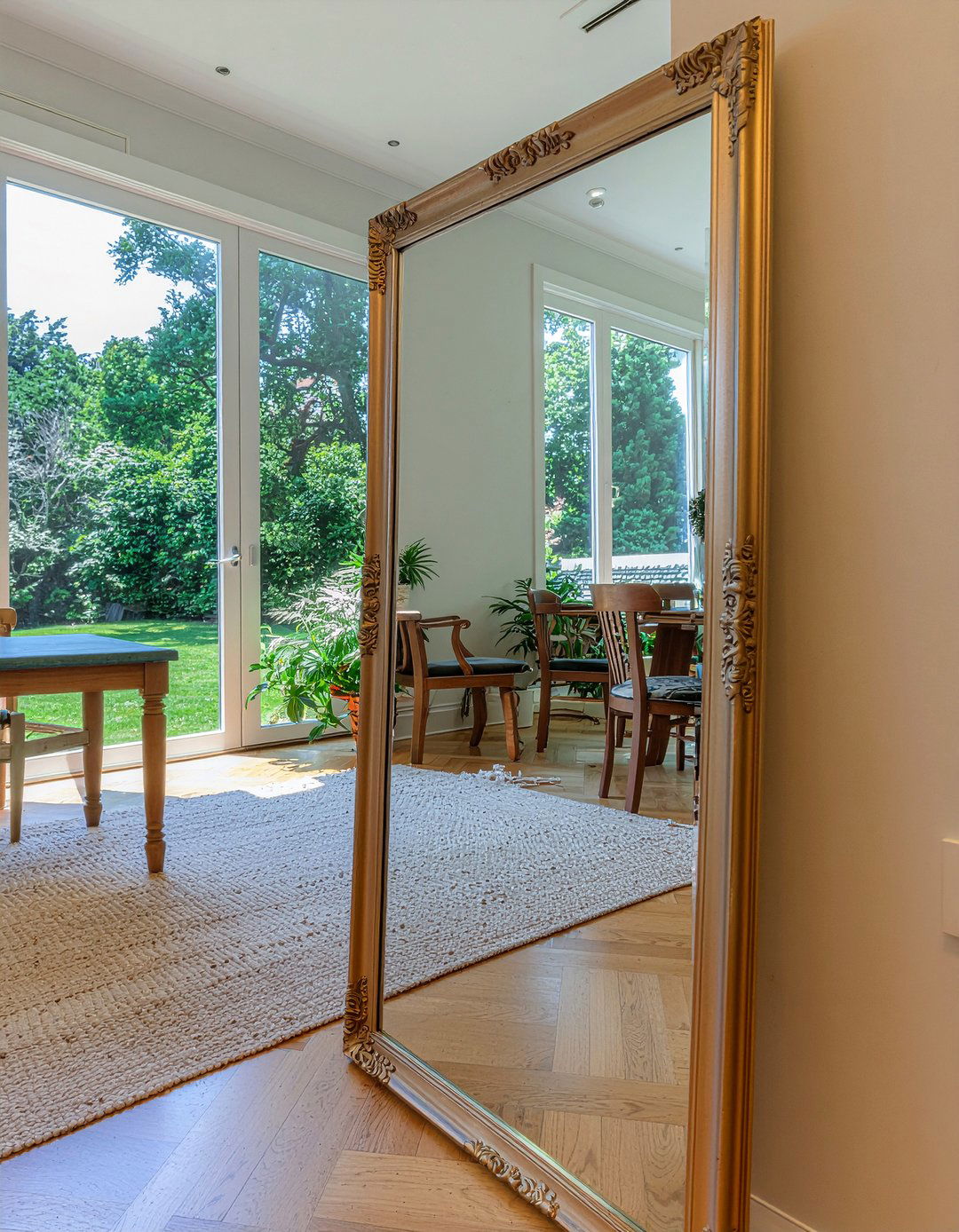 Ornate Mirror Reflecting Garden View In Dining Room - 30 ornate mirror dining room ideas