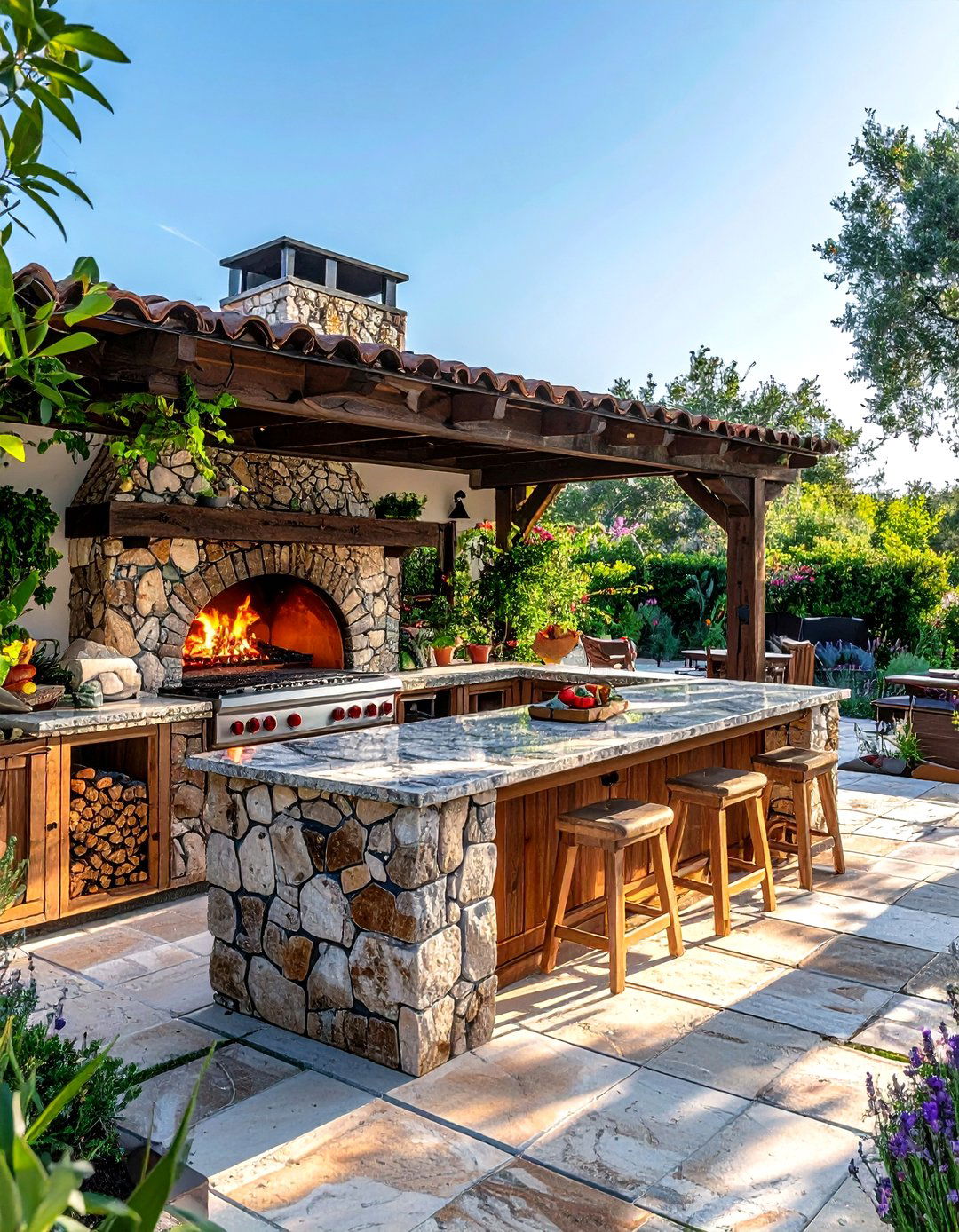 Outdoor kitchen with pizza oven - 30 summer kitchen ideas
