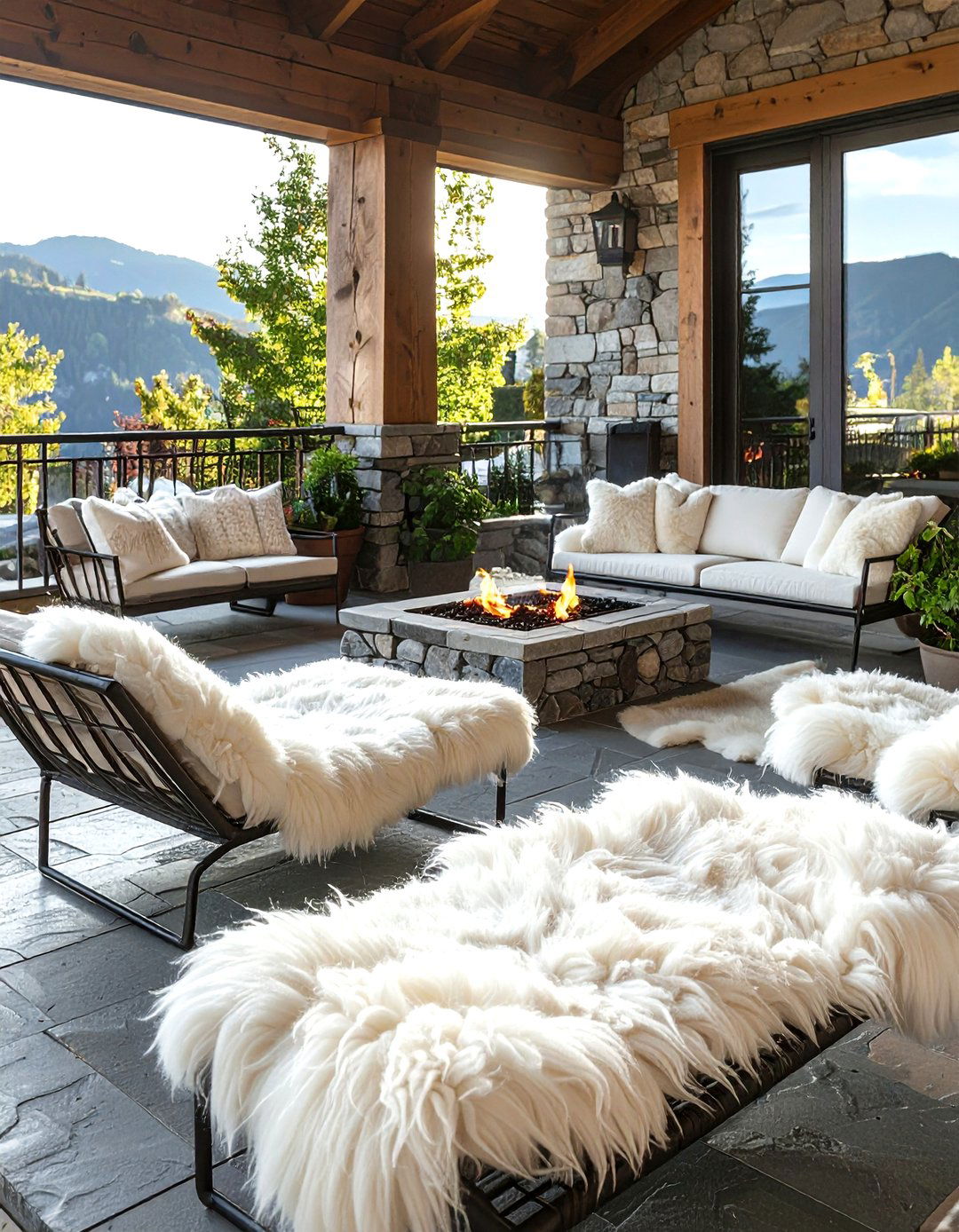 Outdoor patio with sheepskin rug seating - 30 sheepskin rug ideas