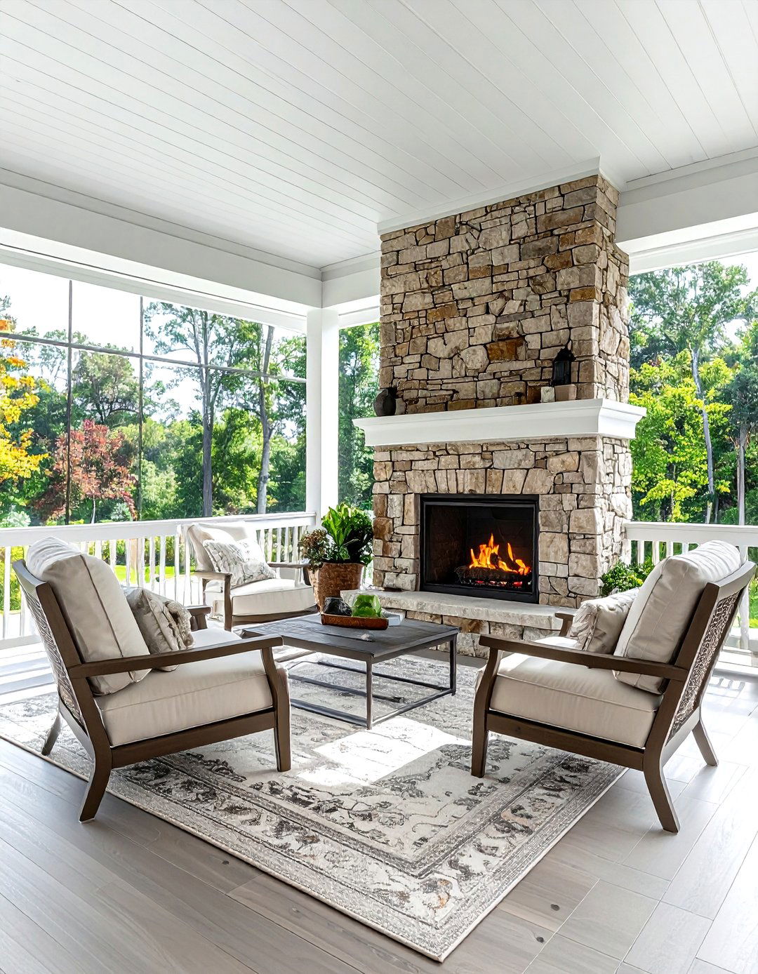 Outdoor stone fireplace - 30 screened porch decor ideas