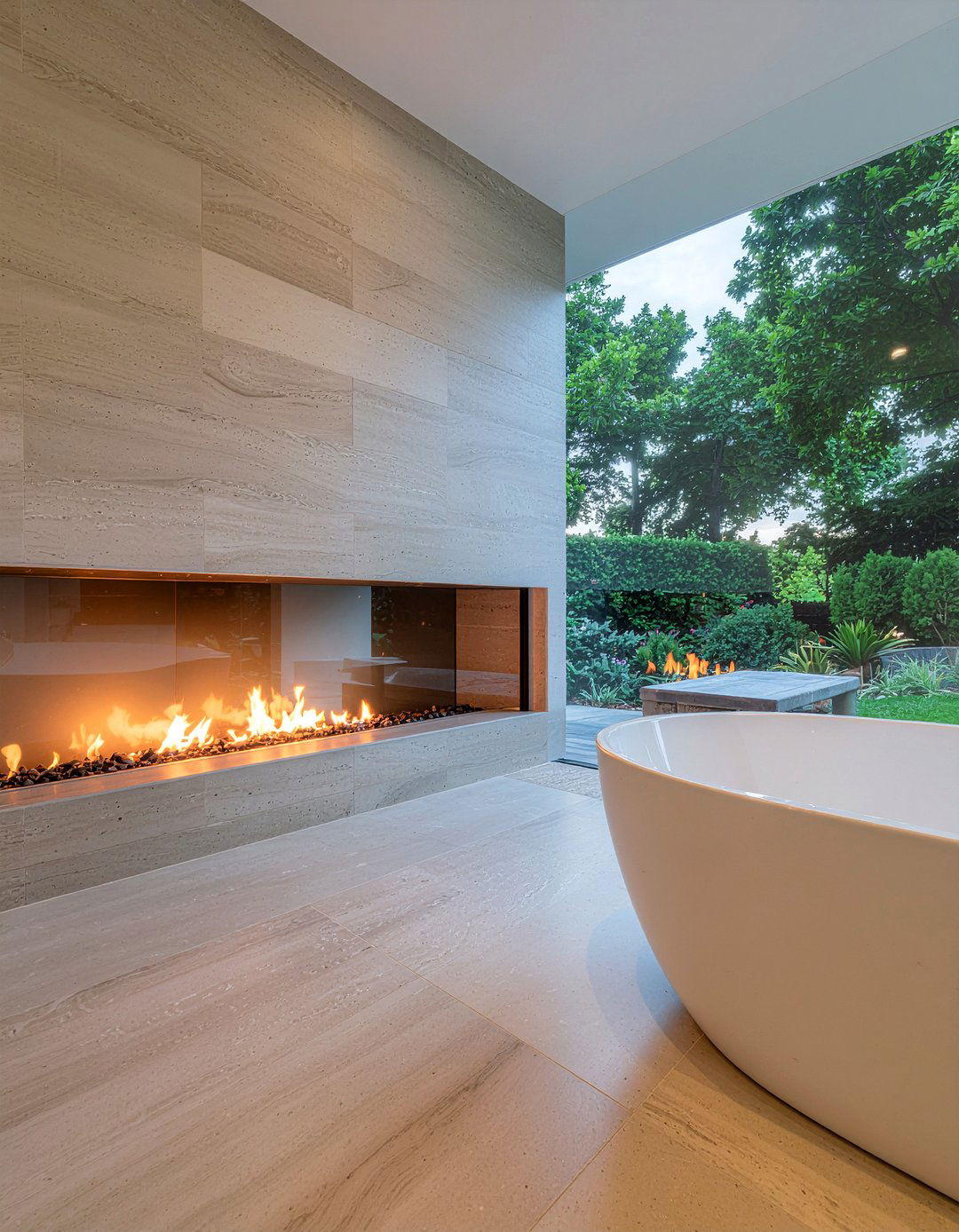 Outdoor view bathroom fireplace - 30 bathroom fireplace ideas