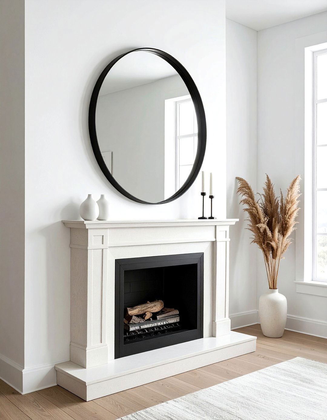 Oversized Round Mirror - 30 mantel arrangement ideas