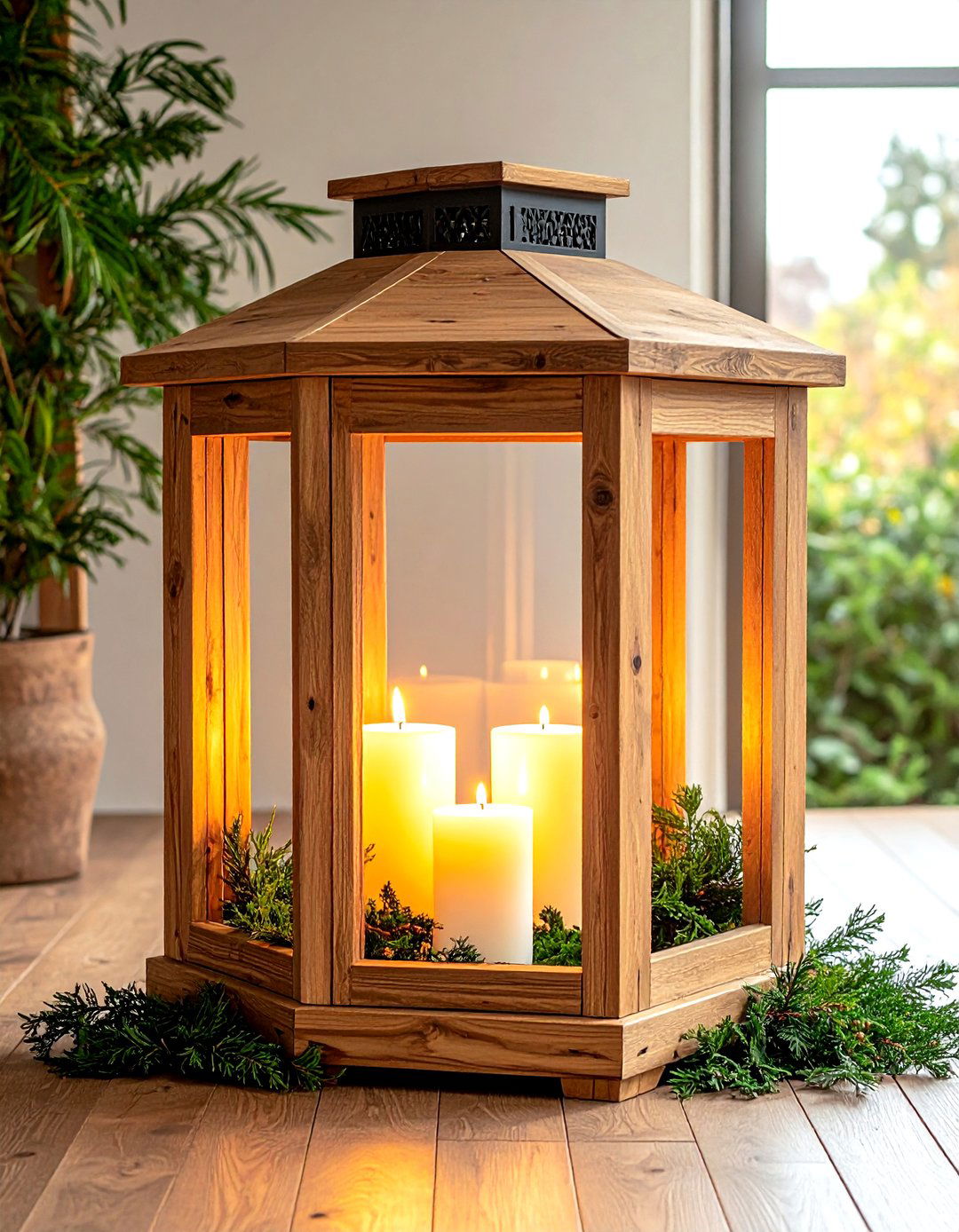 Oversized Wood Lantern Greenery - 30 lantern centerpiece dining ideas