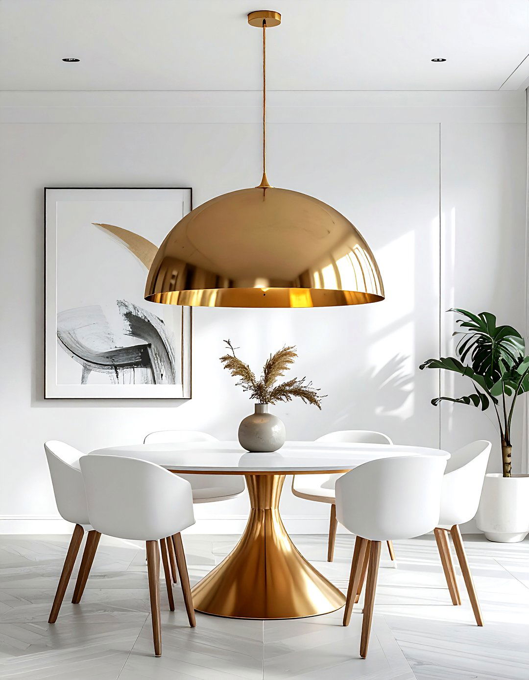 Oversized brass dome pendant - 30 brass chandelier dining room ideas
