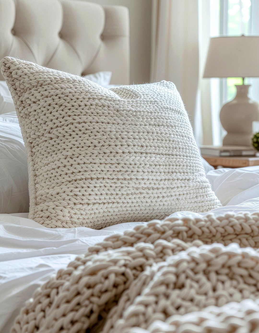 Oversized knit pillow - 30 warm minimalist bedroom ideas